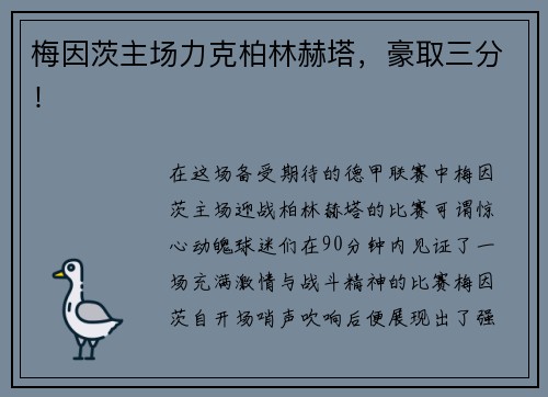 梅因茨主场力克柏林赫塔，豪取三分！